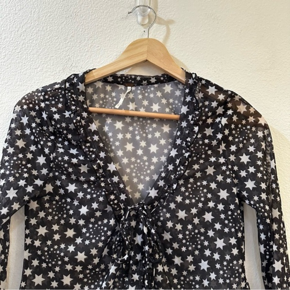 Free People Marne Star Print Sheer Mesh‎ Tie Front Coquette Blouse Top Size S - Picture 3 of 13